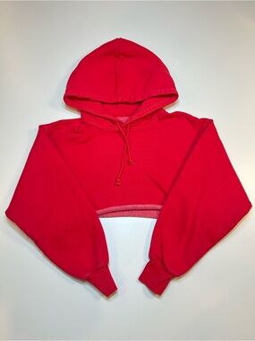 Aritzia Tna Cozy Fleece Ultra Cropped Hoodie Red Raw Cut Hem Sweatshirt